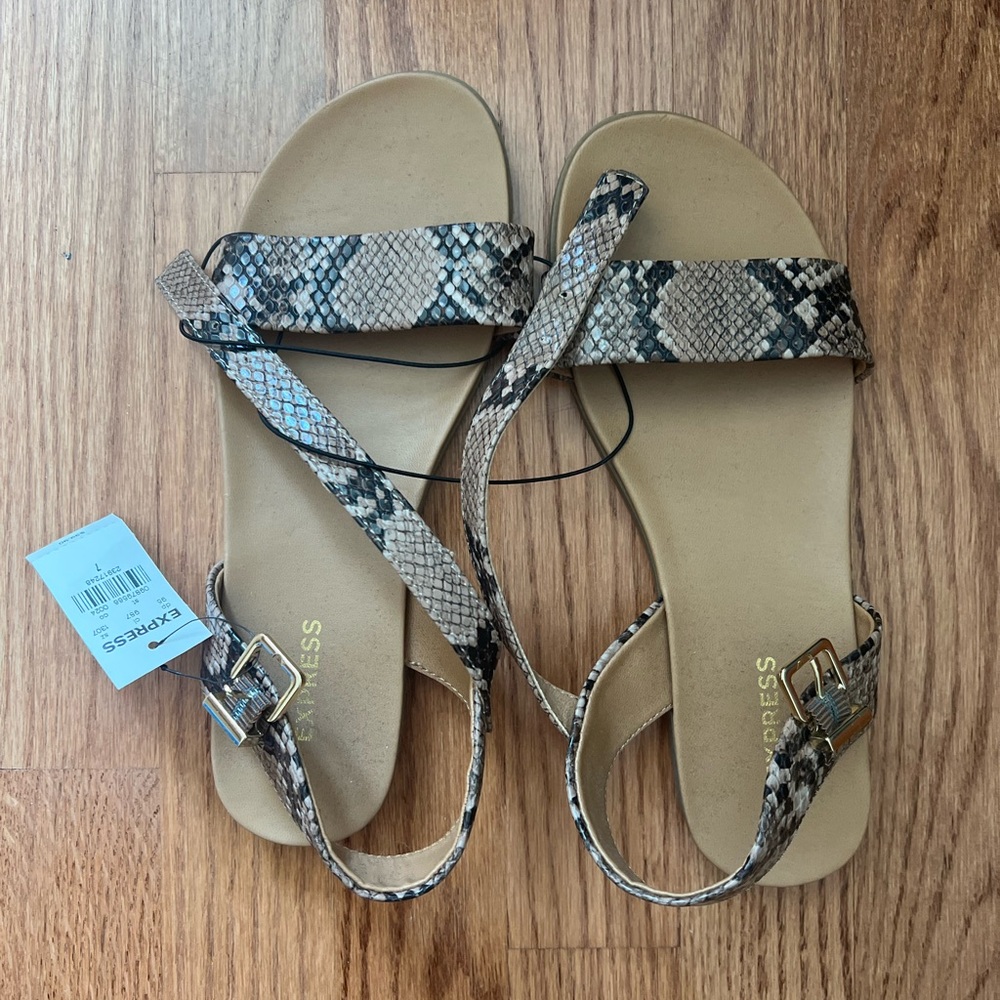Express Black and Tan Sandals with Snake Print